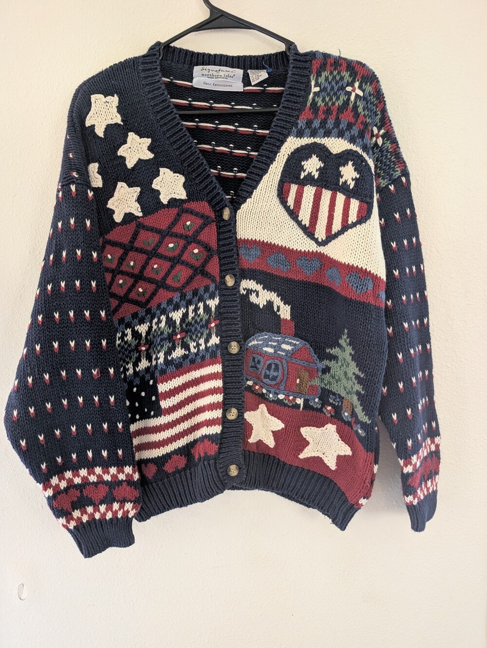 Signature Patriotic Patchwork Knit Cardigan - Navy, Red & Cream